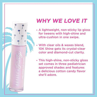 Petite 'N Pretty 10k Shine Lip Gloss Trio Set - Makeup for Kids, Tweens, Teens - High Shine, Lightweight, Made in the USA (Shell Shocked, Diamond Heist, Glow Down)