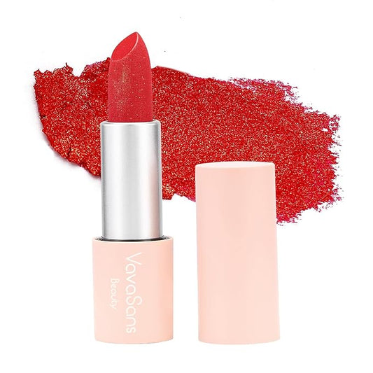 Vegan Glitter Lipstick Cherry Plum Shimmer Metallic Sparkling Classic Red Shade Long Lasting Waterproof Non-Sticky Formula Diamond Shiny Highly Pigmented Lip Stick for Women