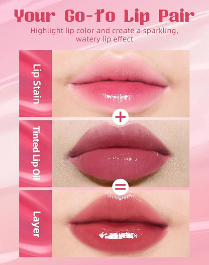 Tinted Lip Oil & Lip Stain Set, Korean Makeup, Smudge-Proof,Long-Wearing, 2-in-1 Cheek and Lip Tint with Moisturizing, High-Shine, Lightweight & Non-Sticky for Dry Lips, Cruelty-Free & Vegan