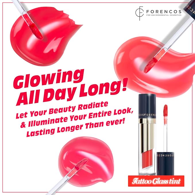 FORENCOS Tattoo Glass Lip Gloss Tint, Korean Glossy Tint/Stain, High Pigmentation, Glasting Shine, Long Lasting, Moisturizing, Lightweight, Non-Sticky Formula (01 Cerise)