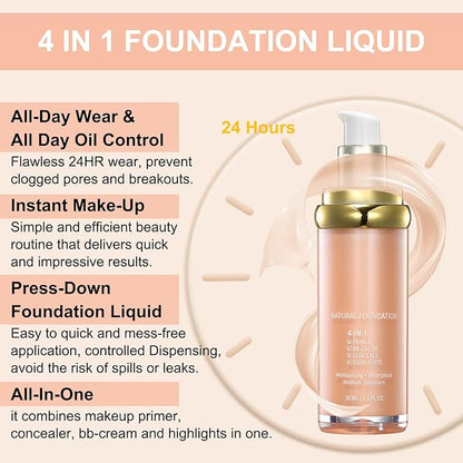 4 in 1 Foundation Liquid, Medium Coverage Foundation Makeup with Flawless Finish - Longwear & Waterproof - Moisturizing, Hydrating & Lightweight Foundation for All Skin Types, Vegan & Cruelty-Free