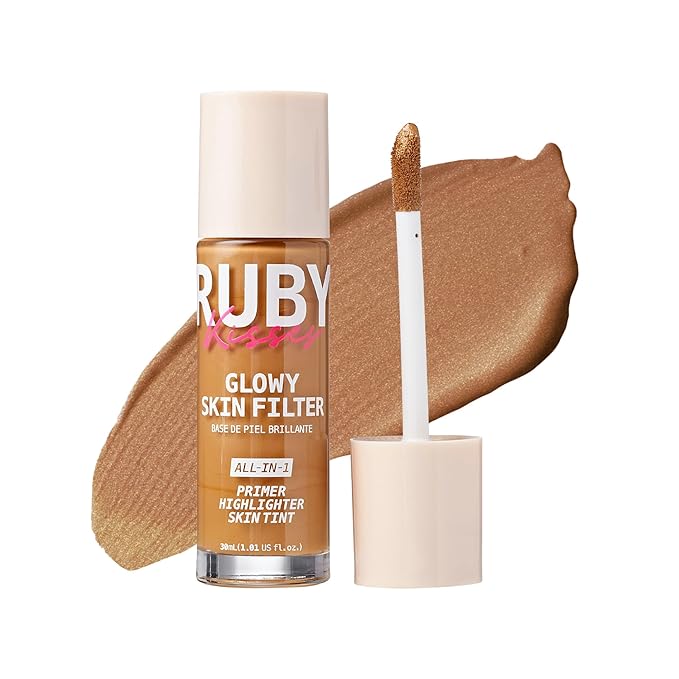 Ruby Kisses Glowy Skin Filter Foundation - All-in-1 Primer, Skin Tint & Highlighter, Hydrating Light Coverage with Squalane, Natural Dewy Finish, Luminous & Radiant Glow (Golden Tan)