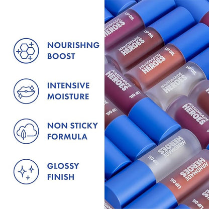Handmade Heroes 100% Natural Vegan Lip Oil with Squalane Non-Sticky Lip Gloss Moisturizing, Shiny, Nourishing Korean Lip Gloss - Pack of 3