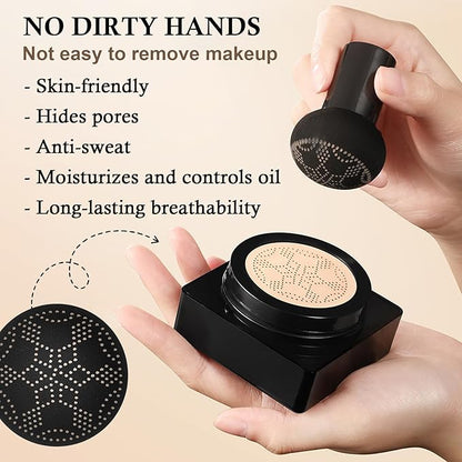 Mushroom Head Air Cushion CC Cream Set,3PCS BB Cream Full Coverage Foundation,Moisturizing Oil Control CC Cream Cushion Foundation,Matte Nude Makeup Foundation & Makeup Sponge (Natural)