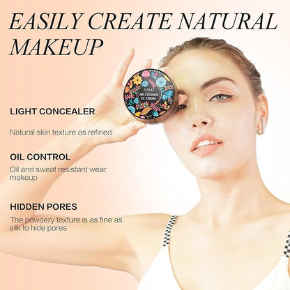 Air Cushion CC Cream - Mushroom Head Concealer, Lasting Nude Makeup, Moisturizing Liquid Foundation, Even Skin Tone Makeup Base Primer (Natural)