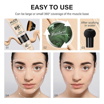 2PCS Mushroom Head Air Cushion CC Cream, Moisturizing Lasting Oil Control BB Cream for All Skin Types, Full Coverage Concealer Liquid Foundation Face Makeup Set with Foundation Brush & Makeup Sponge C