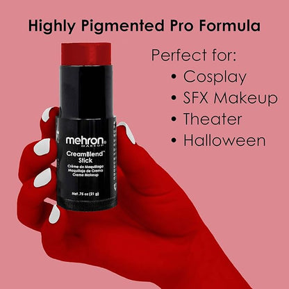 Mehron Makeup CreamBlend Stick | Face Paint, Body Paint, & Foundation Cream Makeup | Perfect for Halloween .75 oz (21 g) (Red)