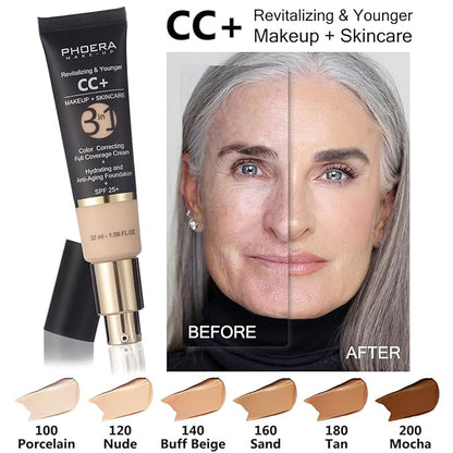 PHOERA Foundation Full Coverage,PHOERA CC+ Cream,2024 New PHOERA Foundation Makeup for Mature Skin, Wrinkles Matte Natural Finish,Primer (108+180CC+N05/ Tan+ Tan+Tan)