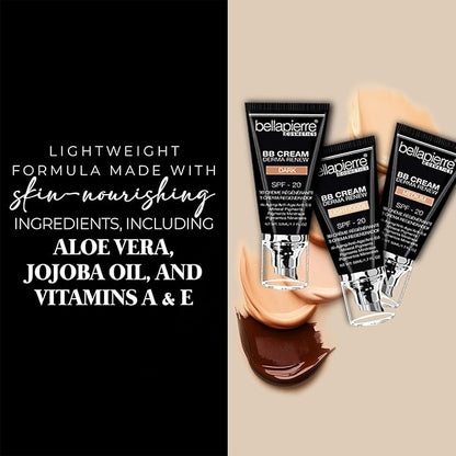 bellapierre BB Cream with SPF 20 - Tinted Sunscreen, Concealer, Matte Foundation, & Moisturizing Face Cream | Lightweight Formula + Pump Top Applicator | Non-Toxic & Paraben Free | 1.7 Oz - Tan