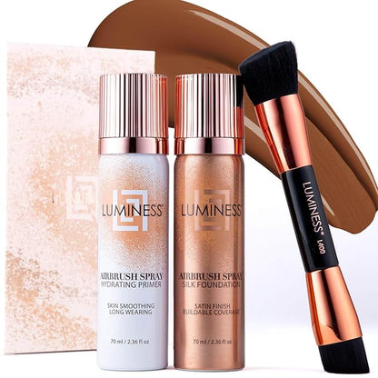 LUMINESS Airbrush Spray Silk Foundation Starter Kit - Deep - Foundation, Primer & Dual-Sided Angled Buffing Brush - Medium, Buildable Coverage, Anti-Aging Formula Hydrates & Moisturizes