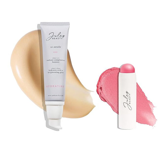 Julep Radiant Glow Duo: So Awake Snail Mucin Complexion Booster Moisturizer + Face Primer & Skip The Brush Cream-to-Powder Blush Stick in Peony Pink Makeup & Skincare Set