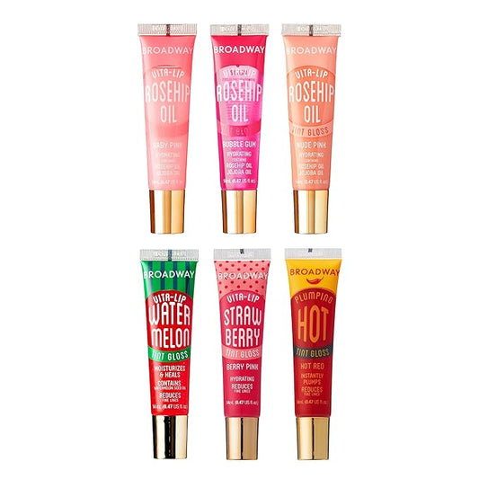 Ruby Kisses Broadway Vita-Lip Tinted Lip Gloss (6 Pack) Ultra-Hydrating, Nourishing, Soothing Formula with Vitamins, High-Shine Non-Sticky Lip Balm with Rosehip+Coconut Oil, Pink & Red Shades