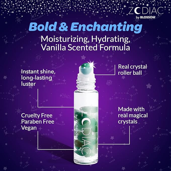 Blossom Lip Gloss Zodiac Sign Vanilla Scented Roll-On Lip Gloss, Moisturizing + Hydrating with Zodiac Crystals, Made in USA, 0.20oz, Taurus