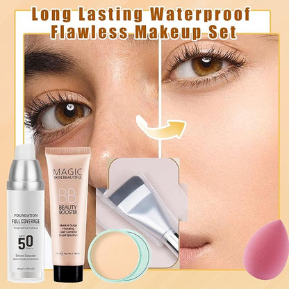 2PCS Color Changing Liquid Foundation Makeup,Flawless Full Coverage Foundation with Makeup Brush and Sponge,Non-greasy Long Lasting Moisturizing SPF50 PA+++ Face Sunscreen for Women(B)