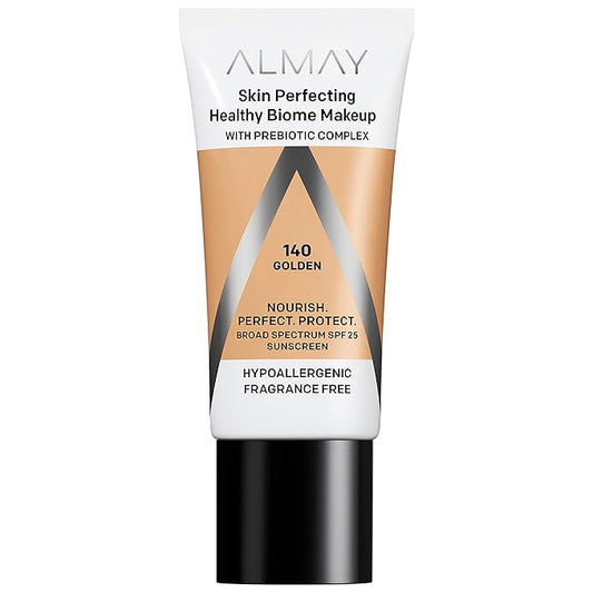 Almay Skin Perfecting Healthy Biome Foundation Makeup with Prebiotic Complex SPF 25, Hypoallergenic, -Fragrance Free, 140 Golden, 1 fl. oz.