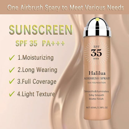 Sunscreen Airbrush Foundation Makeup Spray,SPF 35, Full Coverage Foundation for Mature Skin,Silky Mist Spray Makeup,Long Lasting Waterproof Concealer for Color Correction(#03 Nude)