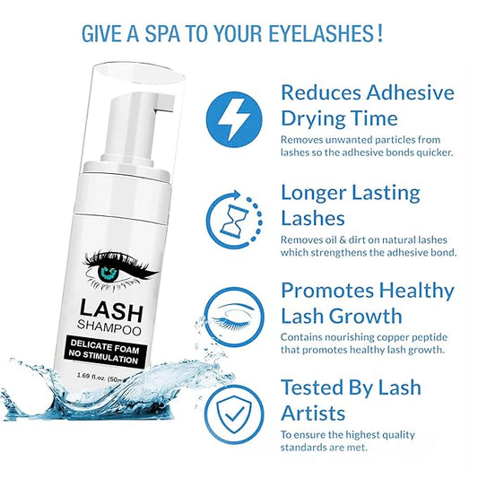 Lash Shampoo for Extensions, Shmian Fan 50ml Eyelash Foam cleanser with 50 Pcs Brush and Rinse Bottle Oil Free/Sulfate Free Wash Remover For Extension Makeup, Green, 1.0 Count