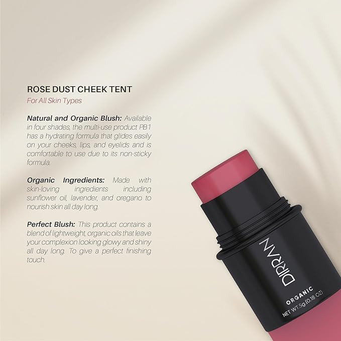 3 in 1 Natural Ingredient 90% Organic Blusher Stick For Lips, Eyes, & Cheeks, Hydration And Natural Beauty Apply directly And Blend With Fingertips, Small Enough to Carry (ROSE DUST)