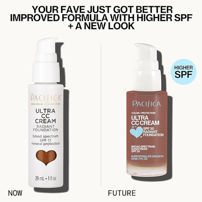 Pacifica Ultra CC Cream Radiant Foundation SPF 17 - Cool-Deep – Medium Coverage Color Correcting Cream, Dewy Finish, Mineral SPF, 1 oz
