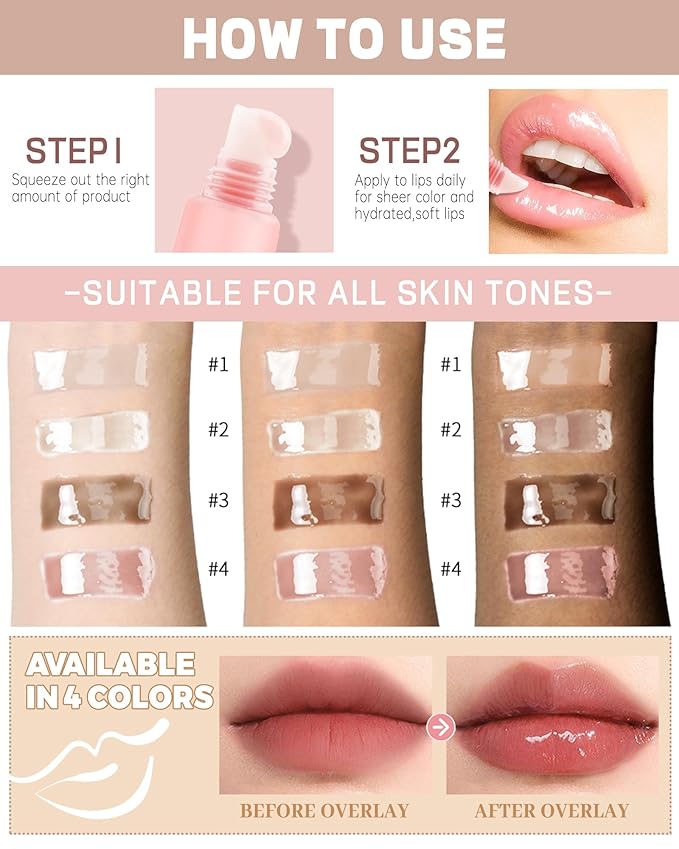 Hydrating Tint Summer Lip Butter Balm-3 Color Mint Clear Sheer Beige Brown Pink Sugar Glossy Lip Gloss,Moisturizing Non-Sticky Jelly Lip Moisturizer,Glow Reviver Lip Care Oil,Gift for Women Girl-Set E