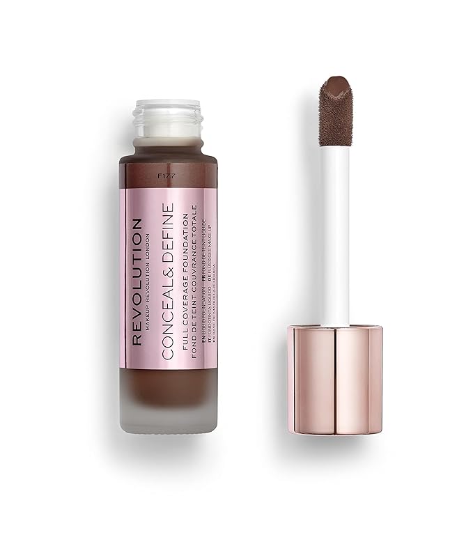 Makeup Revolution Conceal and Define Foundation, Full Coverage & Matte Finish, F17 for Dark Skin Tones, Vegan & Cruelty-Free, 0.7 Fl Oz