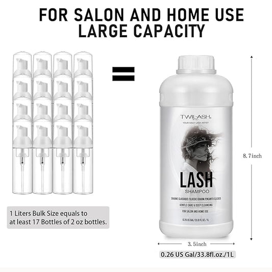 Lash Shampoo Bulk, Eyelash Cleanser for Extensions 1 Liters, Safe Makeup Remover, Non-irritating or Burning Formula Eyelid Foaming Cleanser for Professional Salon and Home Use (Classic Charm-1L)