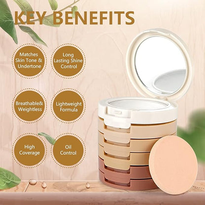 5 Colors Long-Lasting Lightweight Multi-layer Matte Loose Setting Powder Pressed Face Makeup Concealing Shading Powder Foundation for All Skin Tones, Minimizes Fine Lines & Imperfections