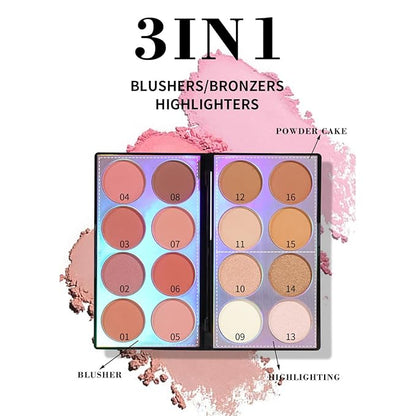 Blush Contour Highlighter Makeup Palette, 16 Color All-in-One Matte Shimmer Bronzer Facial illuminator Palette with Makeup Brush, Long Lasting and Soft Powder, Pro Makeup Powder Kit
