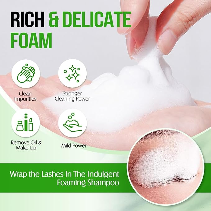 Lash Shampoo for Lash Extensions 60 Ml/2fl.oz Eyelash Extension Cleanser Oil Free Lash Cleanser for Eyelash Care, Gentle Foaming Eyelash Shampoo with Brush for Salon Home Care (Aloe 60ml)