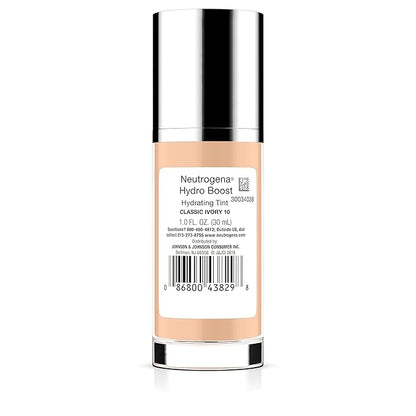 Neutrogena Hydro Boost Hydrating Tint with Hyaluronic Acid, Lightweight Water Gel Formula, Moisturizing, Oil-Free & Non-Comedogenic Liquid Foundation Makeup, 10 Classic Ivory, 1.0 fl. oz