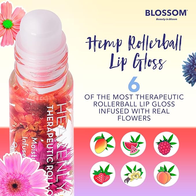 Blossom Roll on Lip Gloss, Scented Clear High Shine Moisturizing Lip Oil, Non Sticky, Infused with Real Flowers, Made in USA, 0.2oz, Mango Hemp