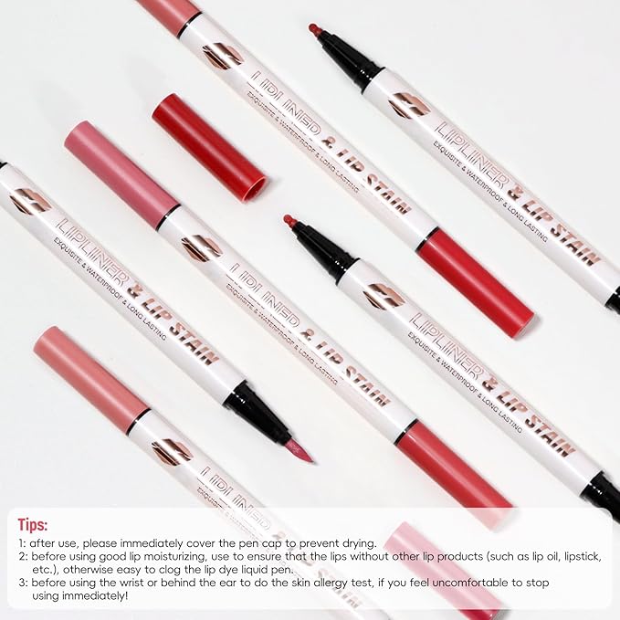 Brown Liquid Lip Liner Red Lip Stain Marker Pen, 2in1 Double Head 2 Color Lip Tint Pencil, Long Lasting Smudge Proof Lightweight Natural Matte Finish All Day Wear Cherry Lip Combo for Women