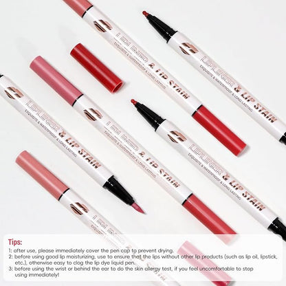Brown Liquid Lip Liner Red Lip Stain Marker Pen, 2in1 Double Head 2 Color Lip Tint Pencil, Long Lasting Smudge Proof Lightweight Natural Matte Finish All Day Wear Cherry Lip Combo for Women