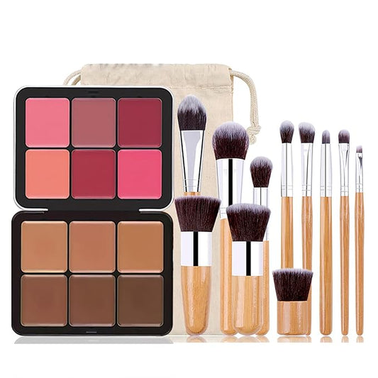 Makeup Blush Palette + Cream Contour Palette Kit, with 11 Pcs Complete Makeup Brushes, Contouring Concealer Palette for Medium Dark Skin to Conceals Dark Circles, Redness, Acne, Blemish