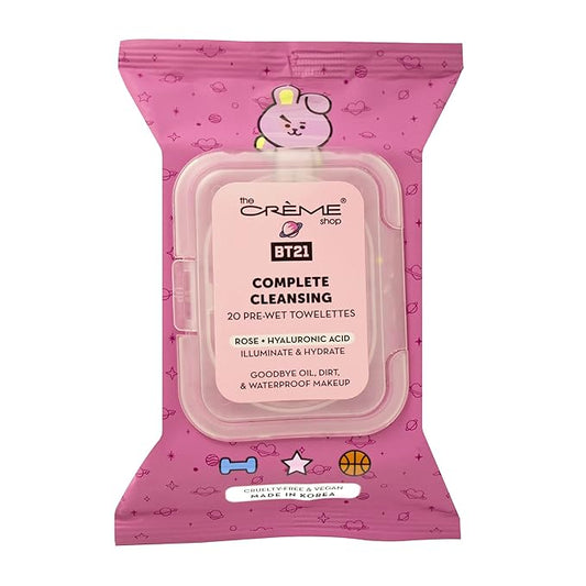 The Crème Shop BT21 COOKY Complete Cleansing Towelettes - Rose & Hyaluronic Acid (20 Pre-Wet Towelettes)