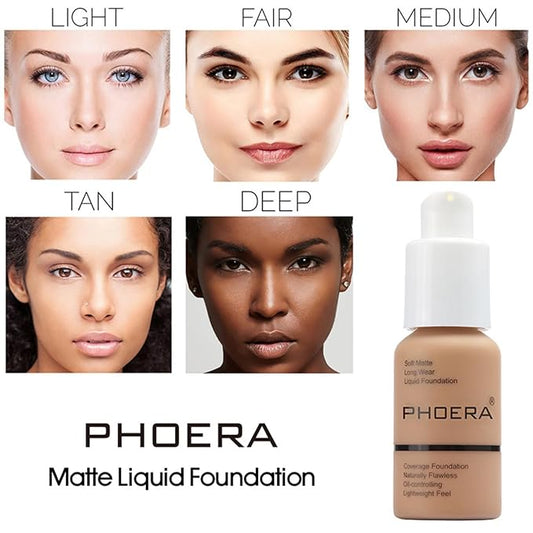 PHOERA Foundation Makeup for Wome Full Coverage Foundation Set,PHOERA Eye Makeup Kit, Include Eyebrow Pencil,Eyeliner and Eyebrow Gel Clear,Face Primer Foundation Brush Powder Brush