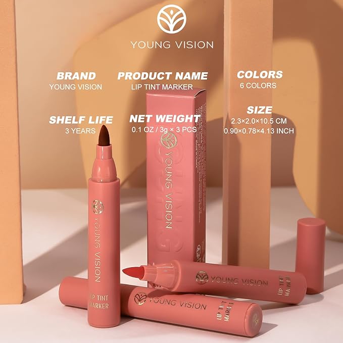 YOUNG VISION Lip Tint Marker, Lightweight Lip Stain, Liquid lipstick with Nude Matte Shades, Lip Liner and Stick 2-in-1, Long Wearing and Waterproof