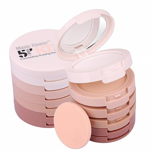 5 Colors Long-Lasting Lightweight Multi-layer Matte Loose Setting Powder Pressed Face Makeup Concealing Shading Powder Foundation for All Skin Tones, Minimizes Fine Lines & Imperfections