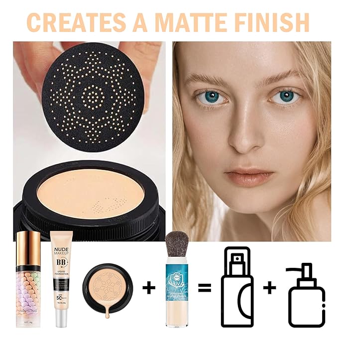 7PCS Mushroom Head Air Cushion CC Cream Foundation,Natural BB Cream Foundation Makeup,Moisturizing One Step Color Corrector,Loose Setting Powder Set with Makeup Sponges A