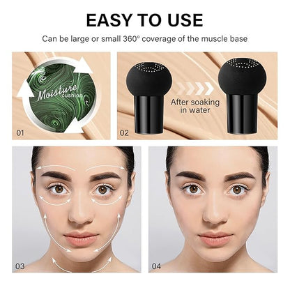 2PCS Mushroom Head Air Cushion CC Cream, Moisturizing Lasting Oil Control BB Cream for All Skin Types, Full Coverage Concealer Liquid Foundation Face Makeup Set with Foundation Brush & Makeup Sponge A