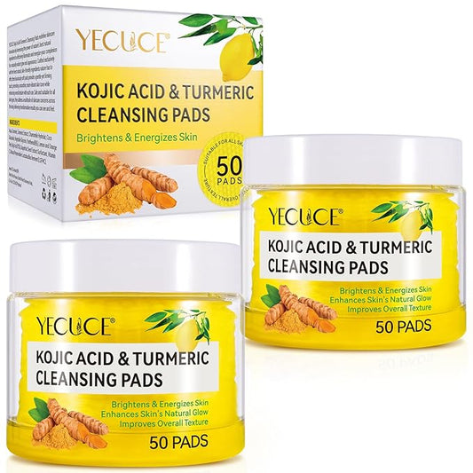 Turmeric Cleansing Pads, 50PCS Kojic Acid and Turmeric Cleansing Pads, Face Pads with Vitamin B5、Vitamin C 、Turmeric ，Remove Excess Keratin Balance Skin Oil And Water