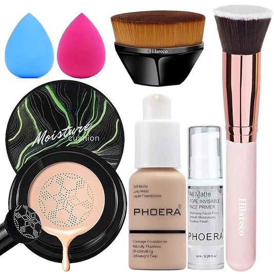 PHOERA Foundation,Air Cushion CC Cream Foundation, Foundation Full Coverage,Phoera Face Primer, Kabuki Brush, Makeup Sponge (102 Nude +# 02 Natural CC)