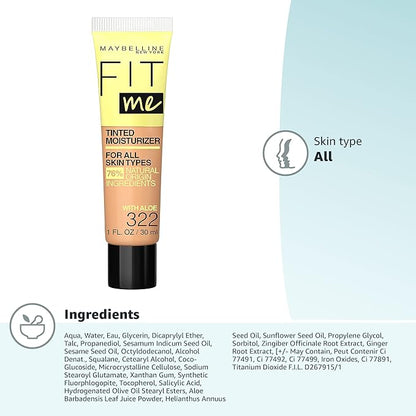 Maybelline Fit Me Tinted Moisturizer, Natural Coverage, Face Makeup, 322, 1 Count