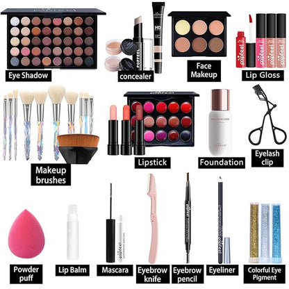 Pure Vie All-in-One Holiday Gift Surprise Makeup Set Essential Starter Bundle Include Eyeshadow Palette Lipstick Concealer Blush Mascara Eyeliner Face Powder Lipgloss Brush - Full Makeup Kit for Women