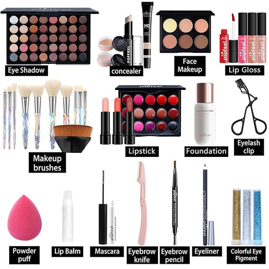 Pure Vie All-in-One Holiday Gift Surprise Makeup Set Essential Starter Bundle Include Eyeshadow Palette Lipstick Concealer Blush Mascara Eyeliner Face Powder Lipgloss Brush - Full Makeup Kit for Women