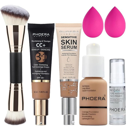 PHOERA Foundation Full Coverage,PHOERA CC+ Cream,2024 New PHOERA Foundation Makeup for Mature Skin, Wrinkles Matte Natural Finish,Primer (105+160CC+N04/ Sand+ Sand+Sand)