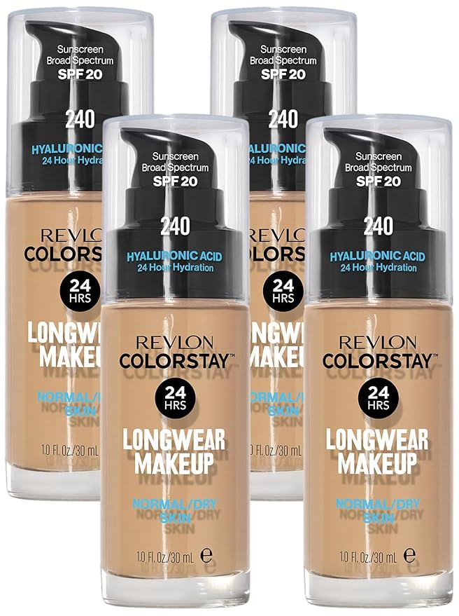 Liquid Foundation by Revlon, ColorStay Face Makeup for Normal & Dry Skin, SPF 20, Longwear Medium-Full Coverage with Natural Finish, Oil Free, 240 Medium Beige, 1 Fl Oz (Pack of 4)