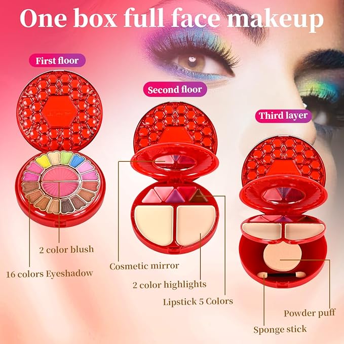 Personal Makeup Ruby-Inspired Palette Set 25 Color Multifunctional Eyeshadow, Blush Highlighter Kit with Shimmer, Pearlescent Finishes, Cruelty-Free Waterproof Includes Sponge Sticks & Mirror
