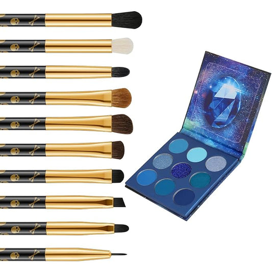 docolor 10Pcs Eye Makeup Brushes Skull Printed Eyeshadow Makeup Brush Set and Blue Eyeshadow Palette 9 Colors Gemstone Shadow Palette Highly Pigmented Mattes Shimmers Long-Lasting Makeup Palette