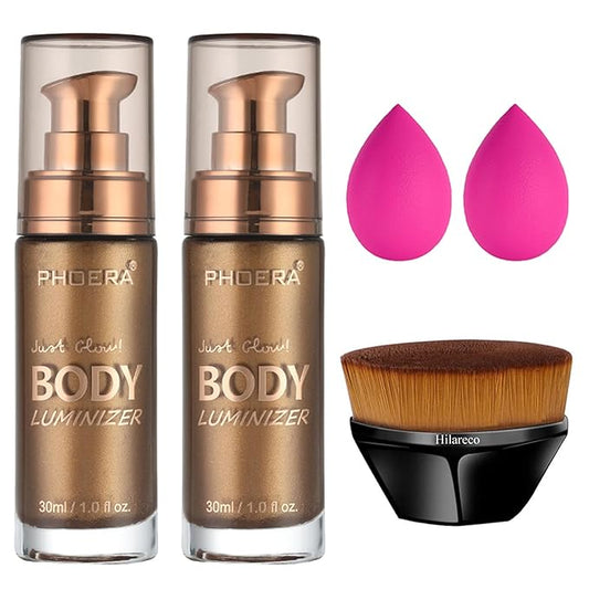 PHOERA Body Shimmer Oil,Waterproof Long Lasting Moisturizing Body Luminizer Glow, Illuminator Highlighter for Face with Makup Bursh, 1oz/Jars(2PCS 103 Glistening Bronze)